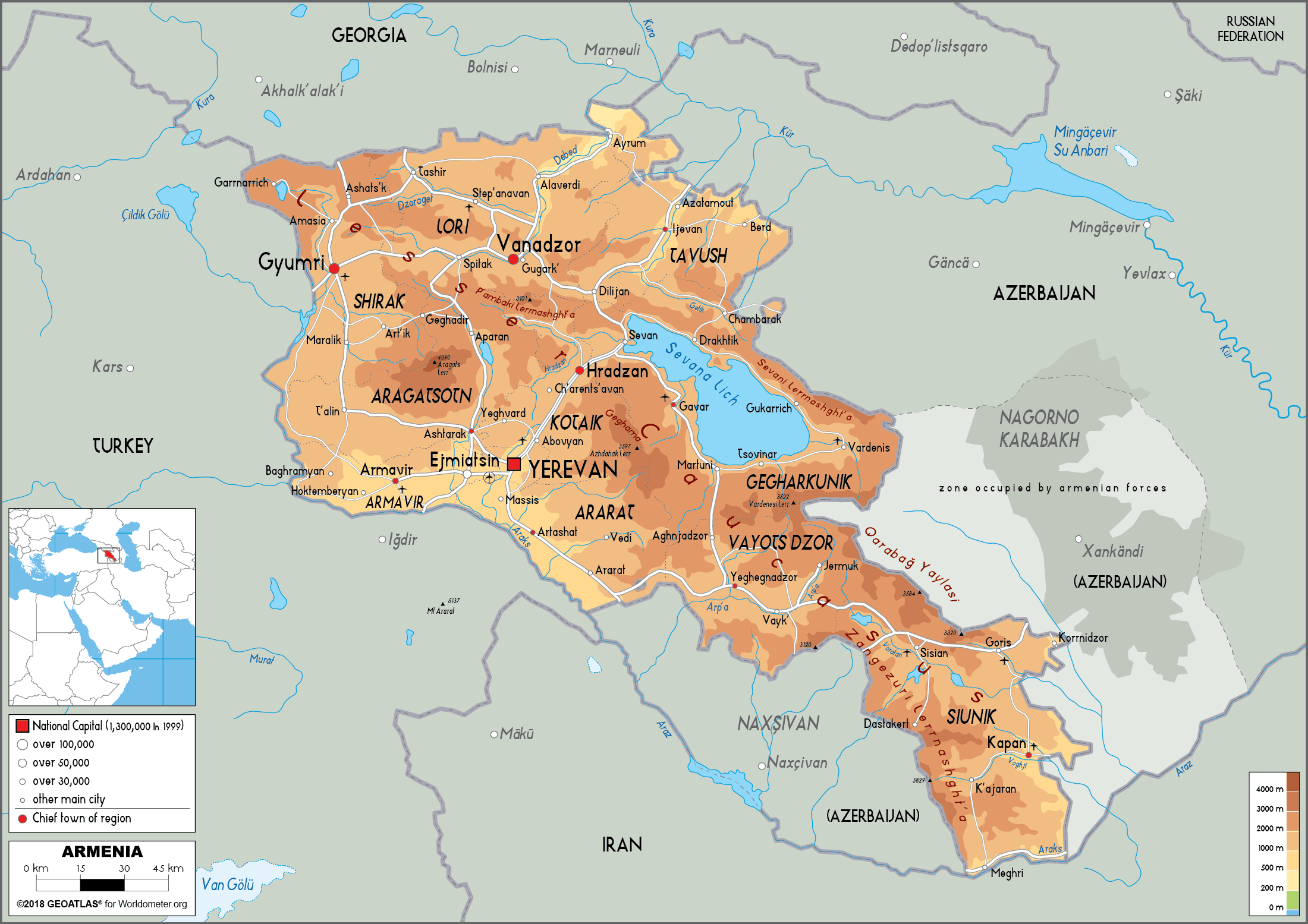 Large size Physical Map of Armenia - Worldometer