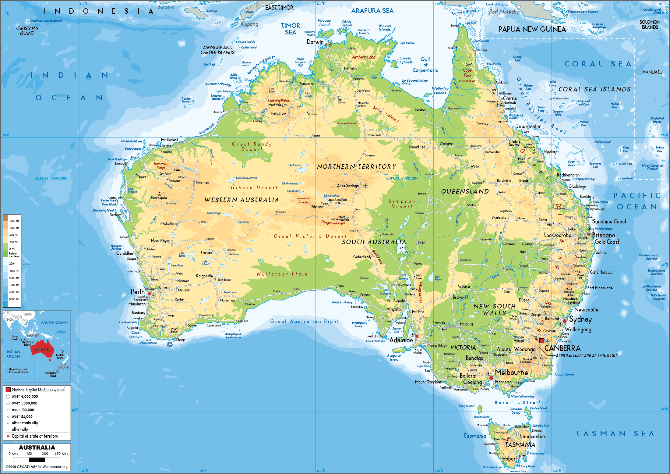 Australia Map (Physical) - Worldometer