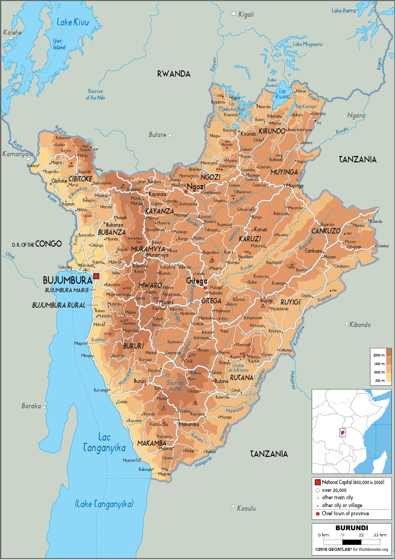 Burundi Map (Physical) - Worldometer