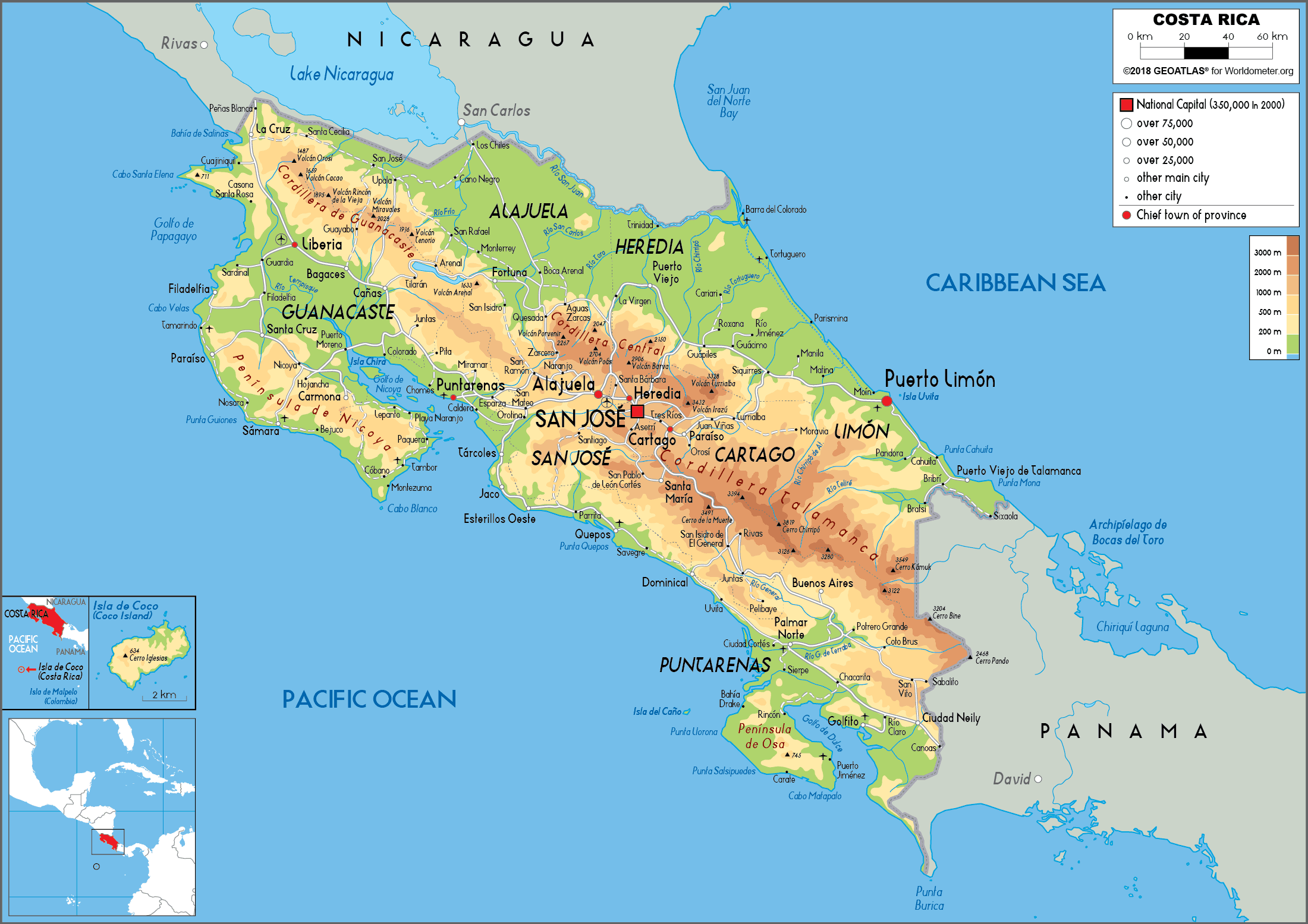 Physical Map Of Costa Rica. 