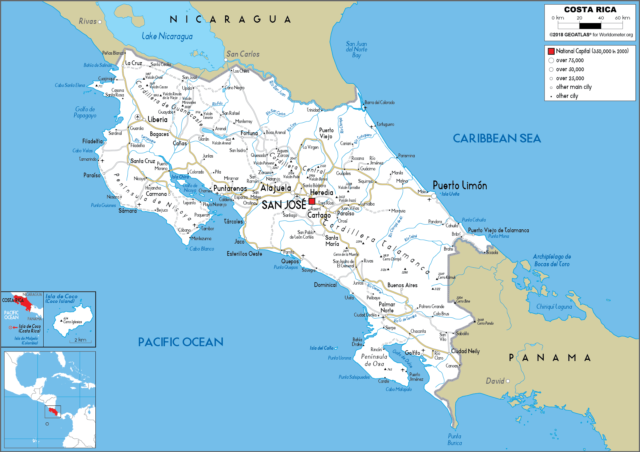 costa rica on a map Costa Rica Map Road Worldometer