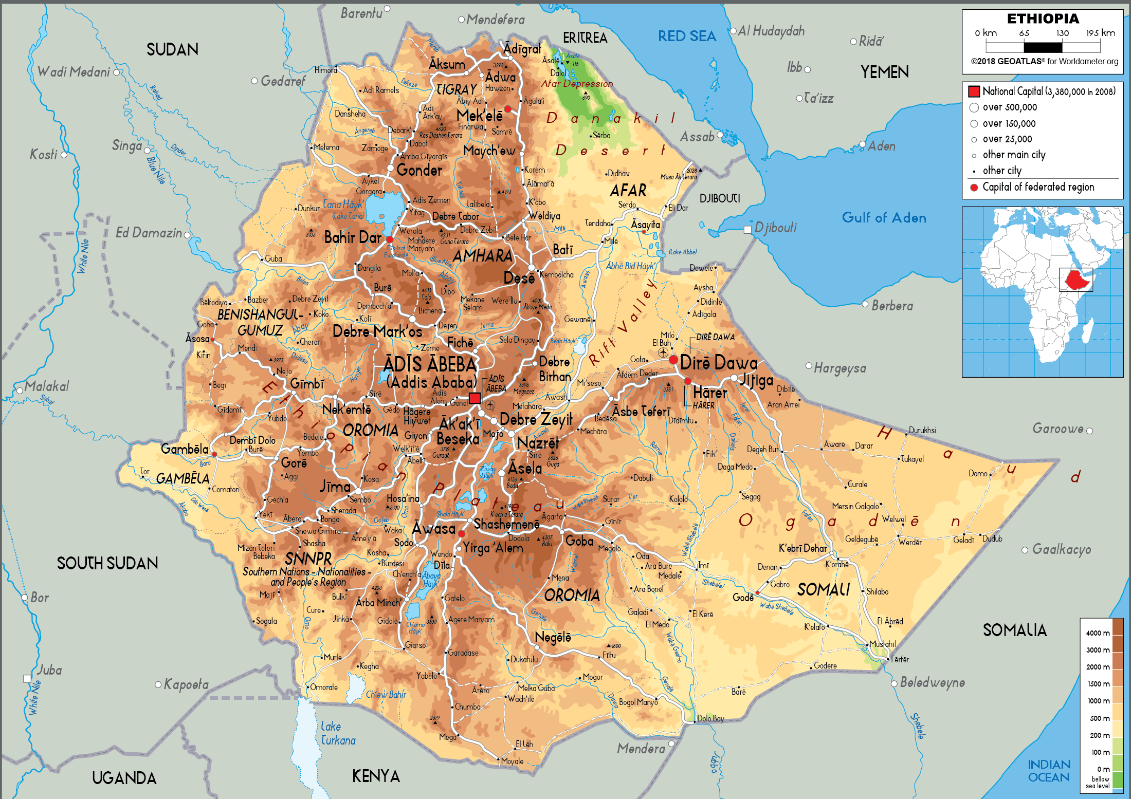 Ethiopia Map (Physical) - Worldometer