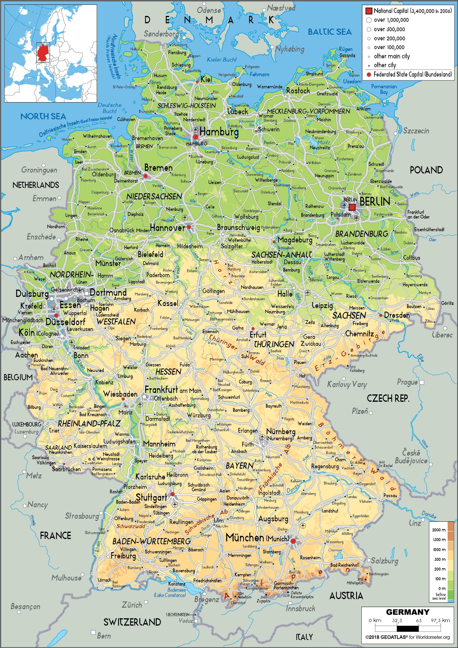 Germany Map Physical Worldometer