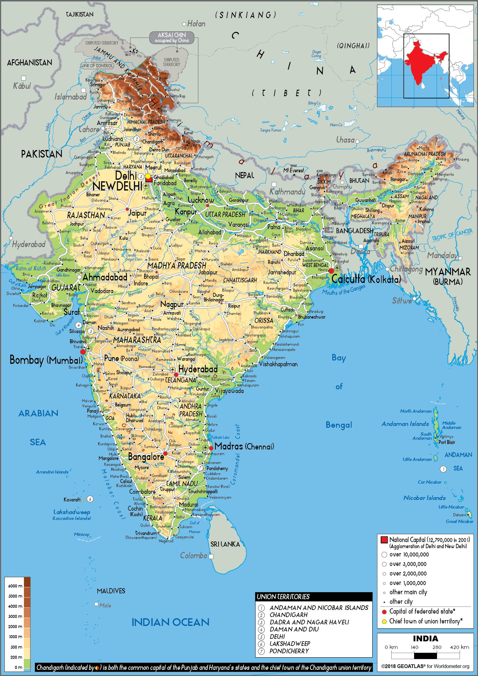 India Map (Physical) - Worldometer