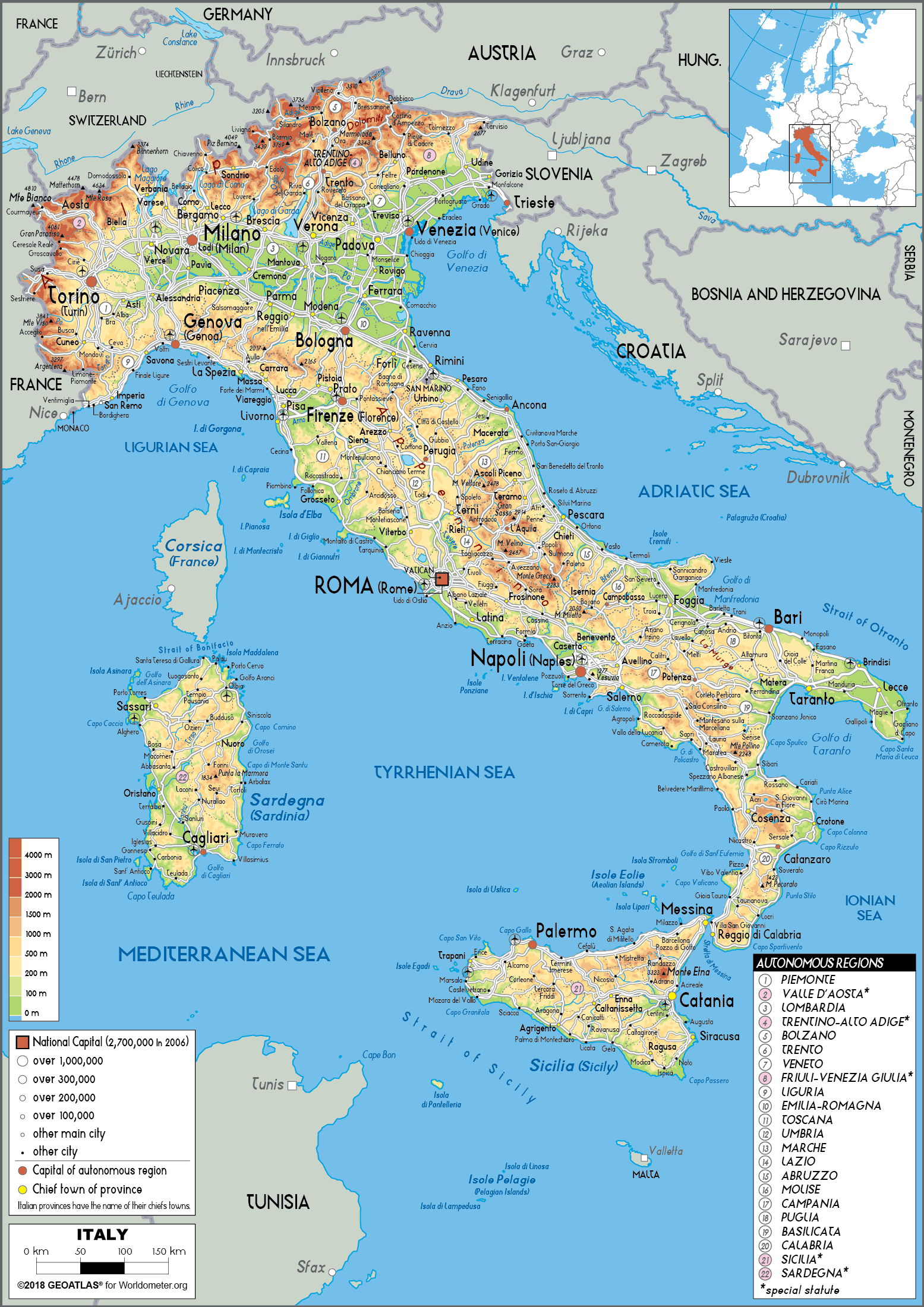 Italy Map (Physical) - Worldometer