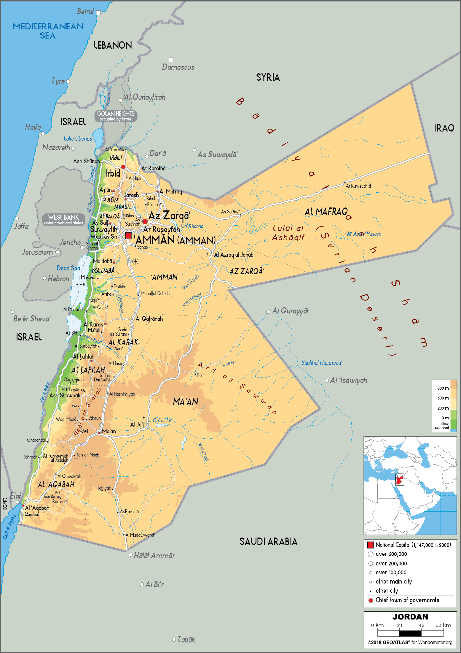 Jordan Map (Physical) - Worldometer