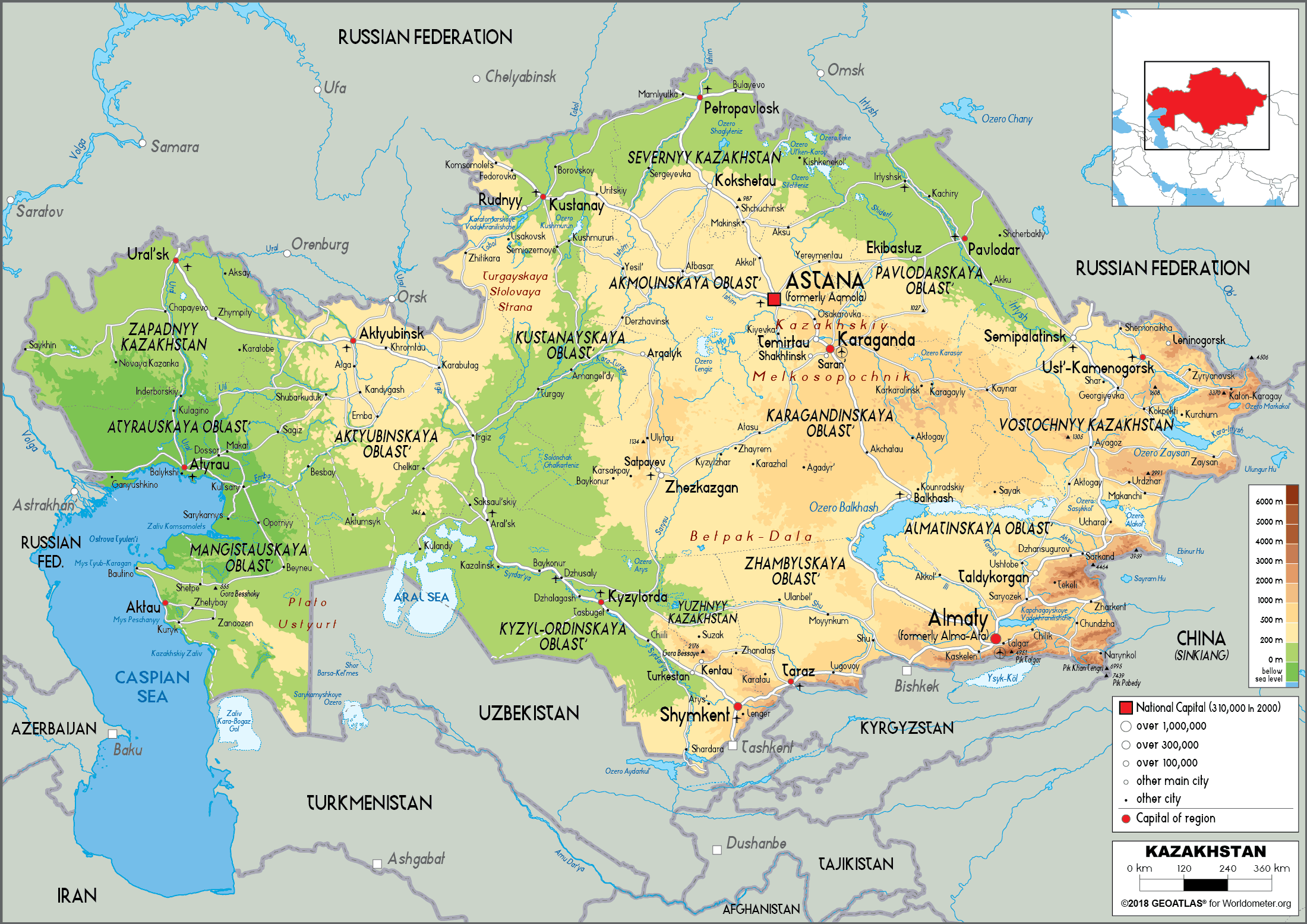 Kazakhstan Map Physical Worldometer