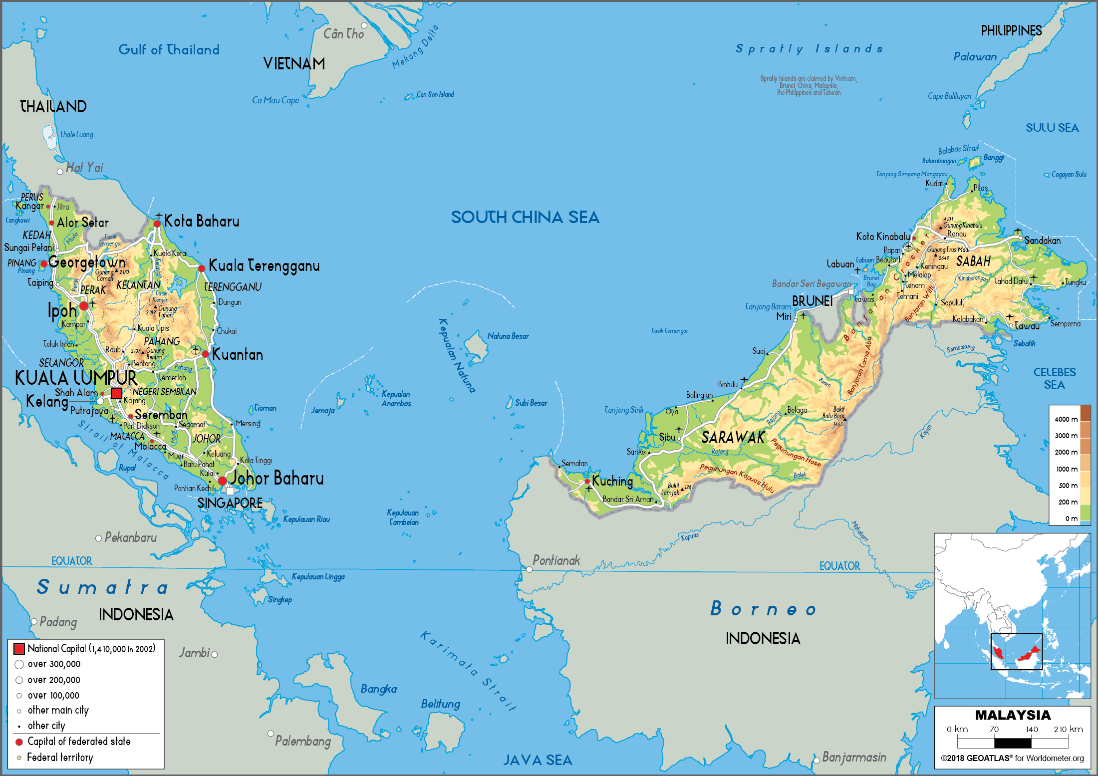 Malaysia Map Physical Worldometer