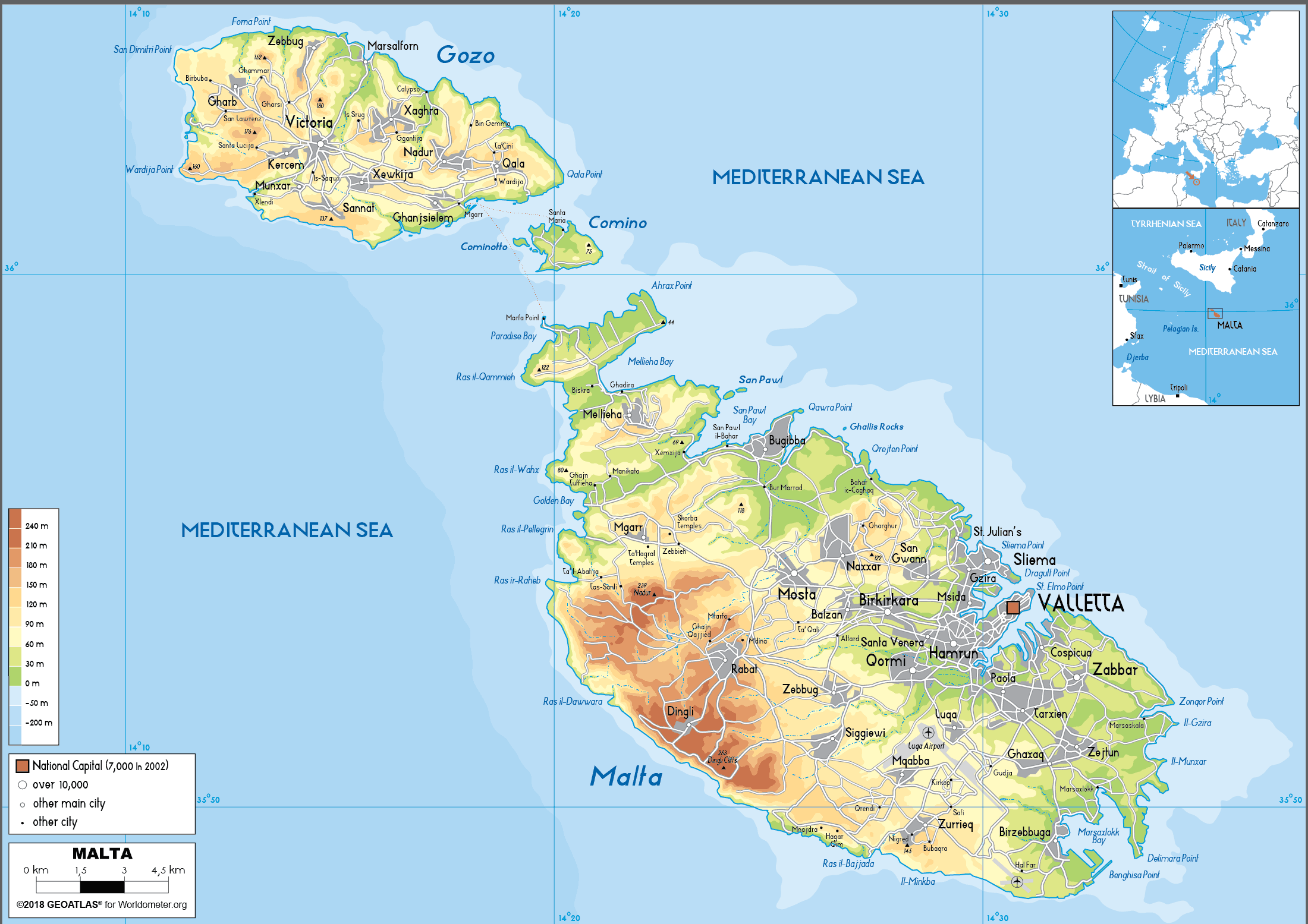 Malta Map Physical Worldometer