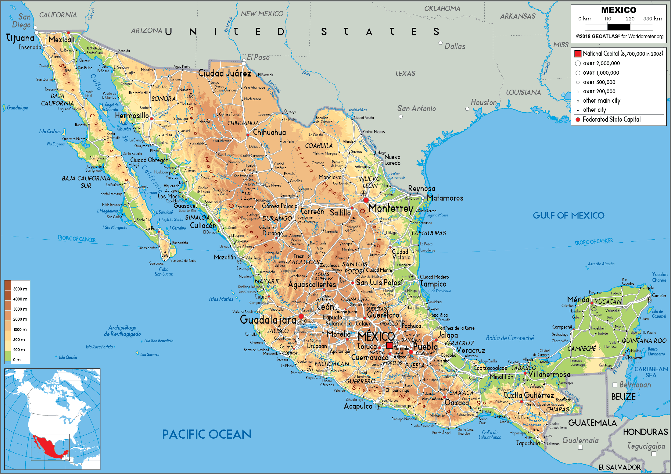 Mexico Map Physical Worldometer