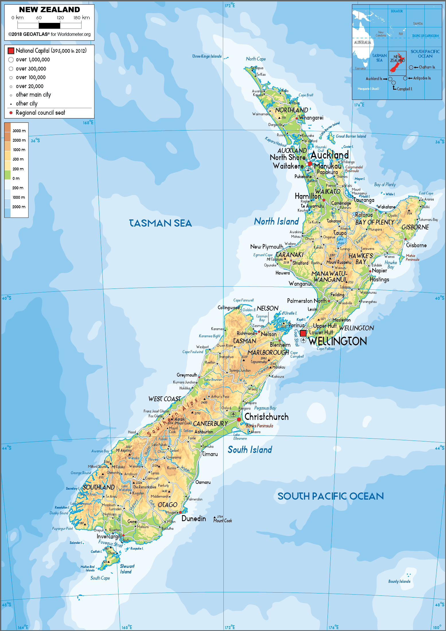 Large Size Physical Map Of New Zealand Worldometer