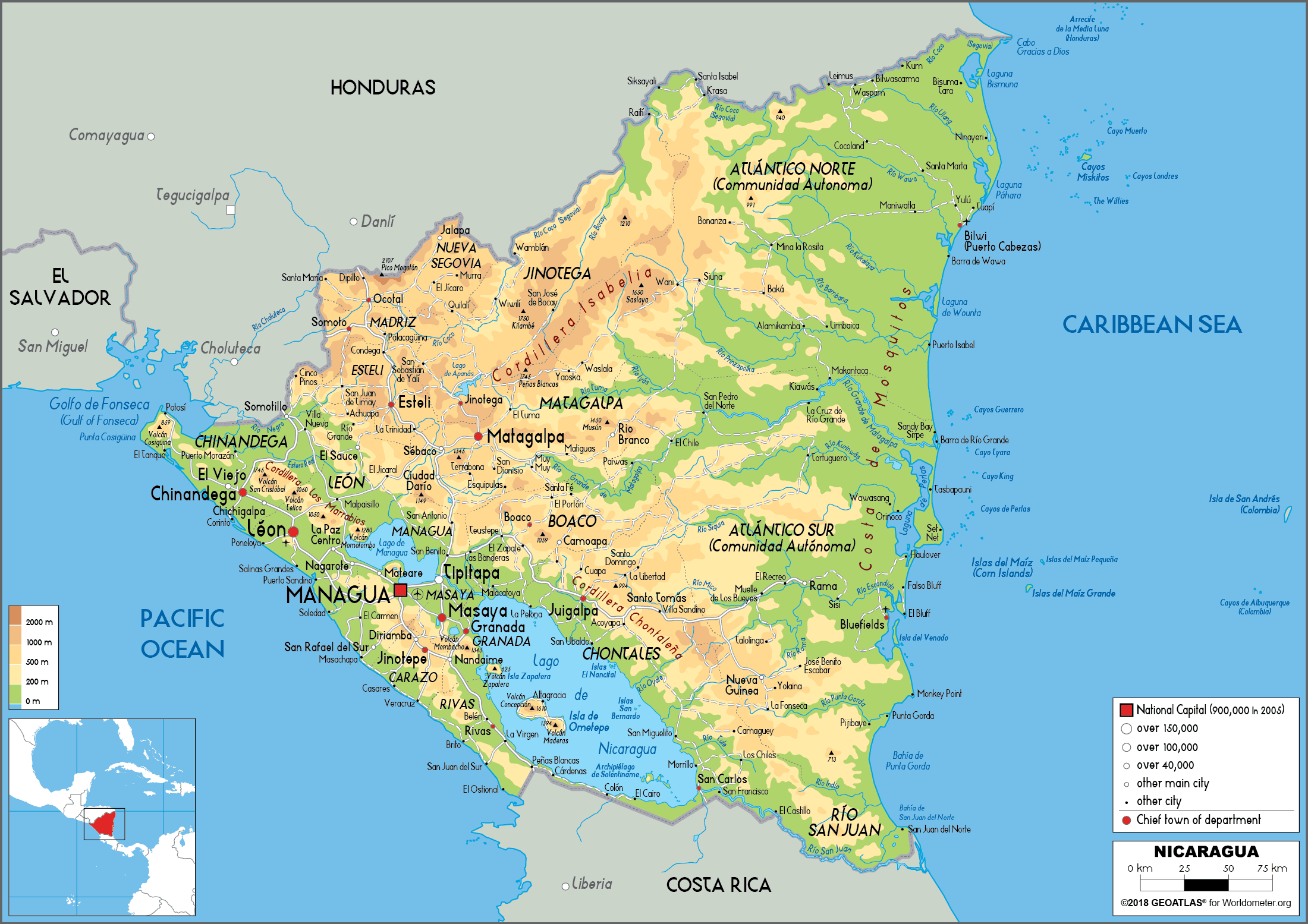 Nicaragua Map Physical Worldometer