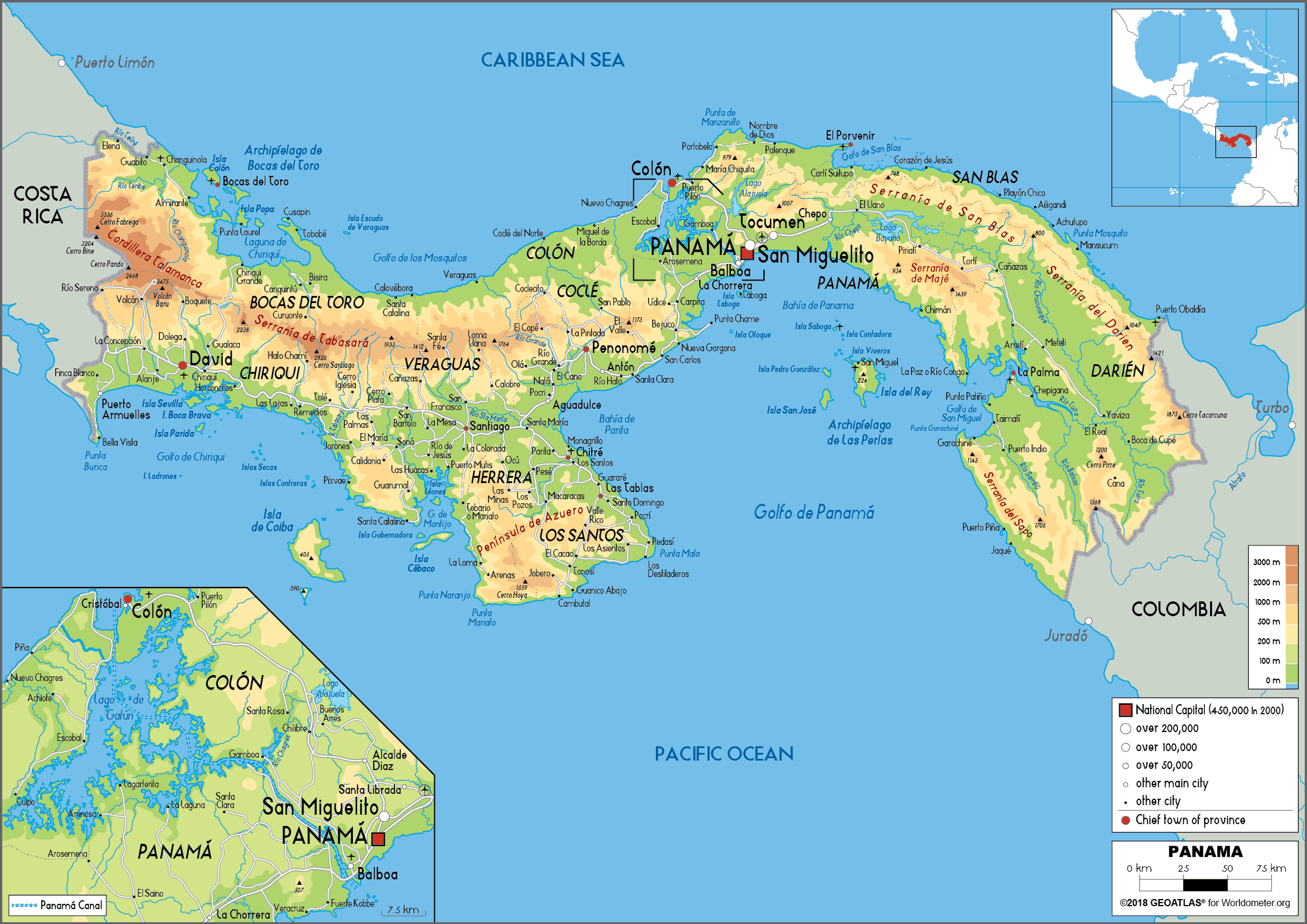 Panama Map (Physical) - Worldometer