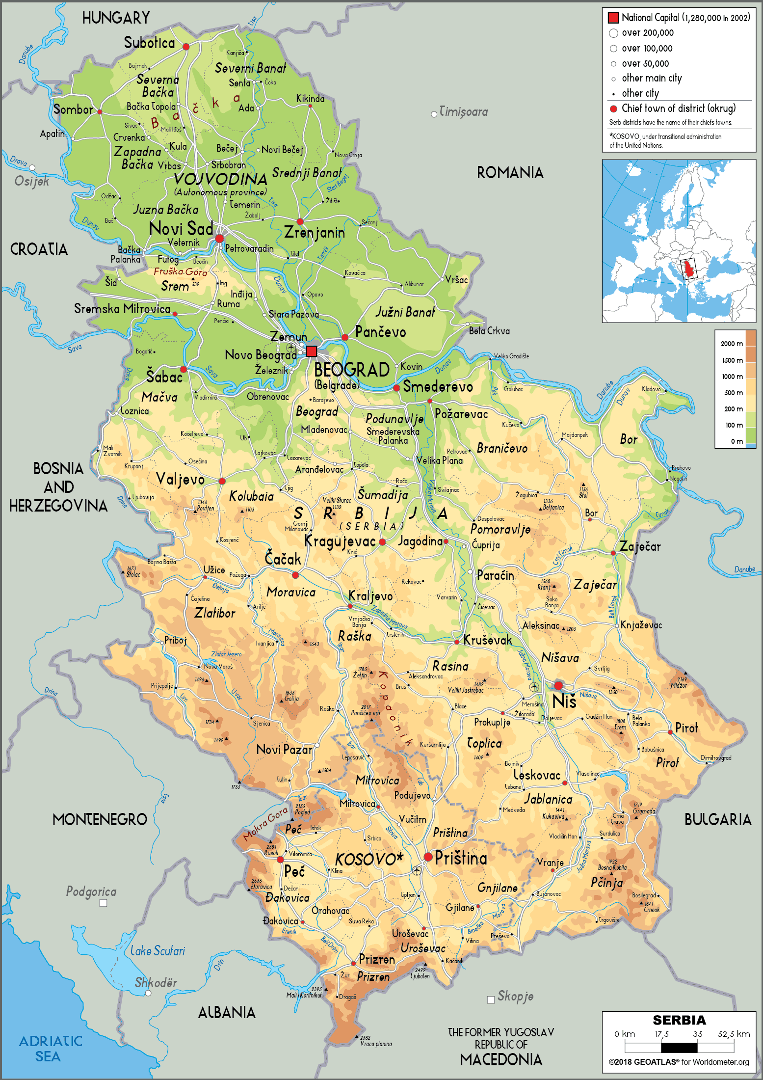 Serbia Map (Physical) - Worldometer