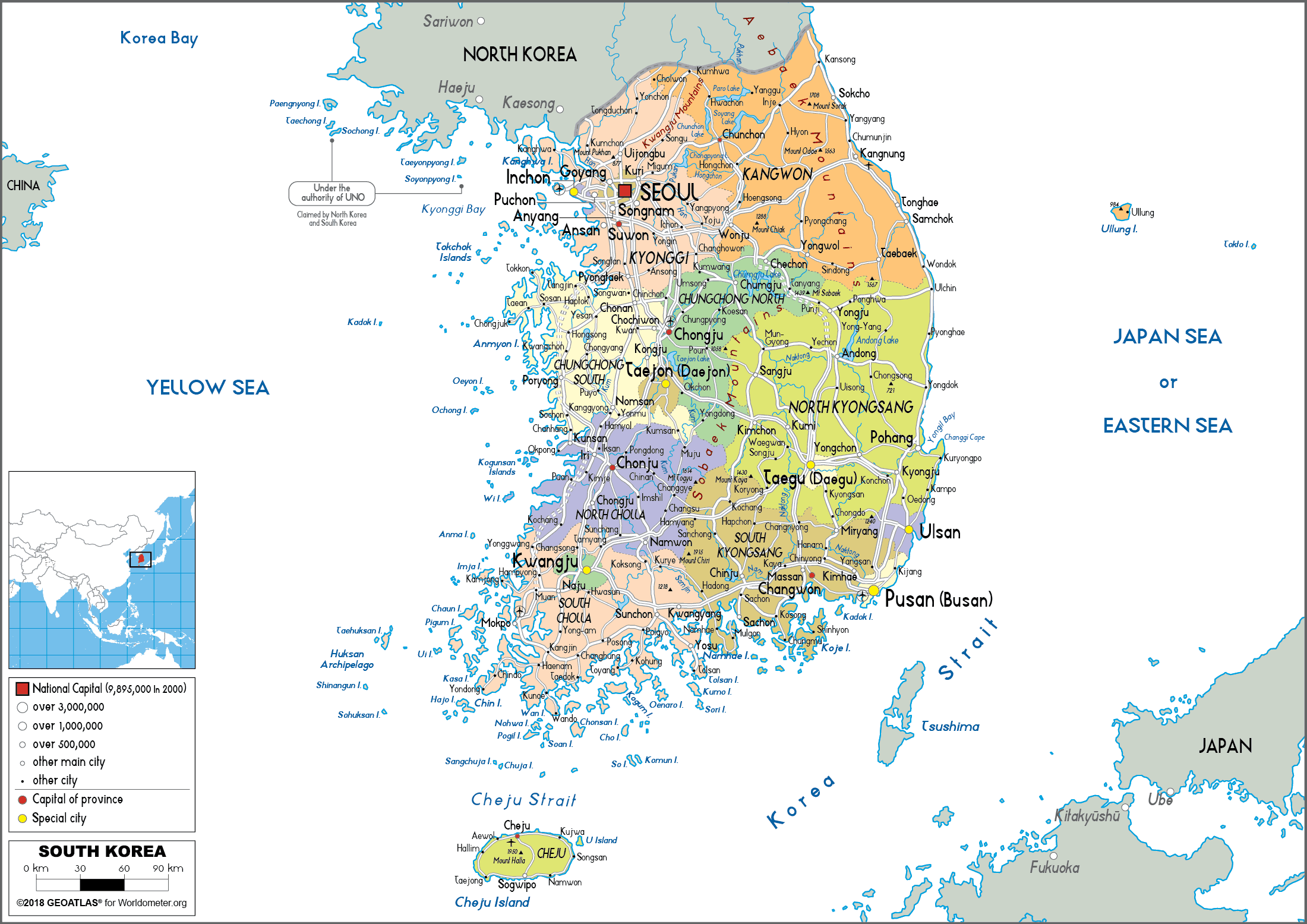 south-korea-map-political-worldometer