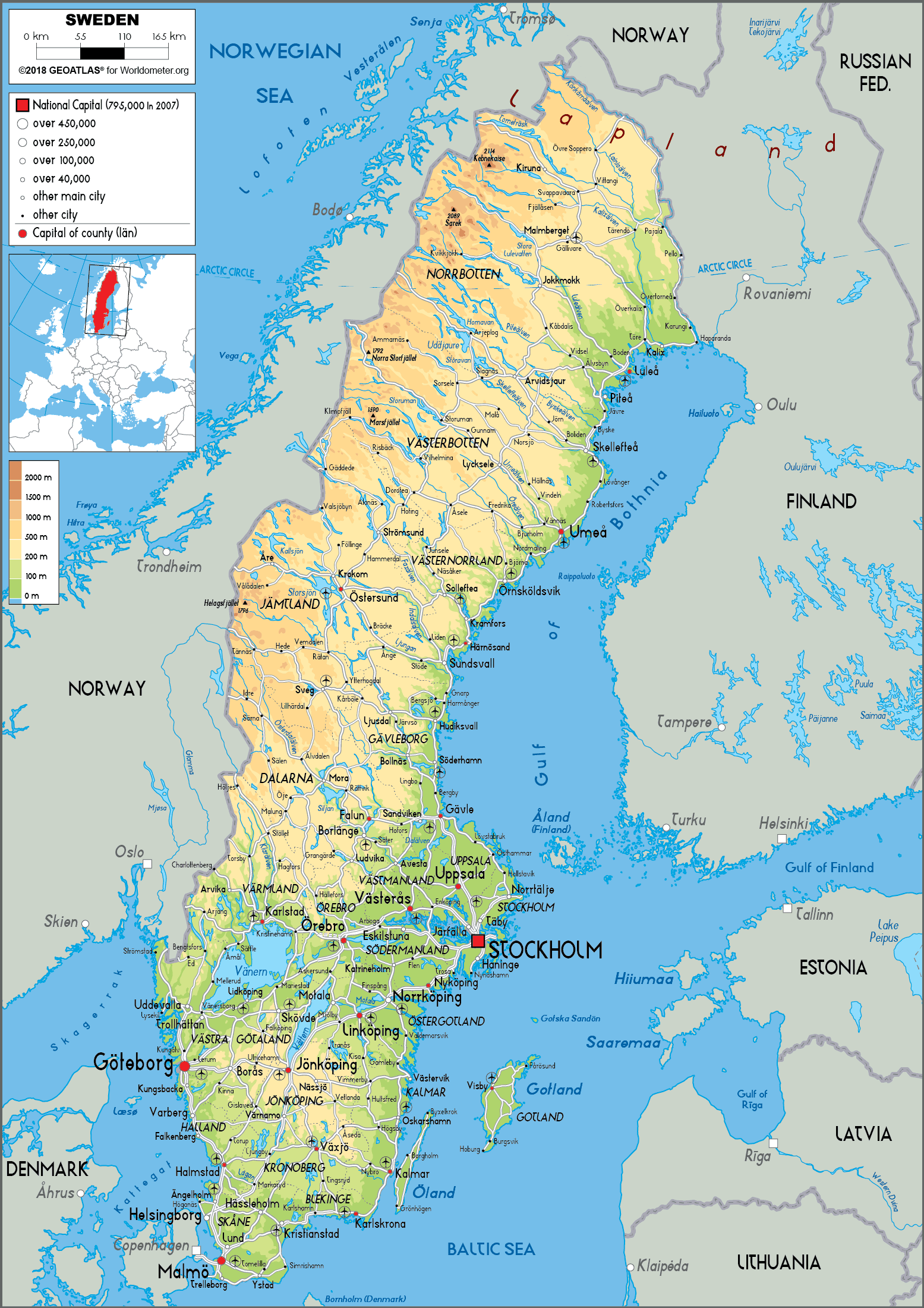 Sweden Map (Physical) - Worldometer