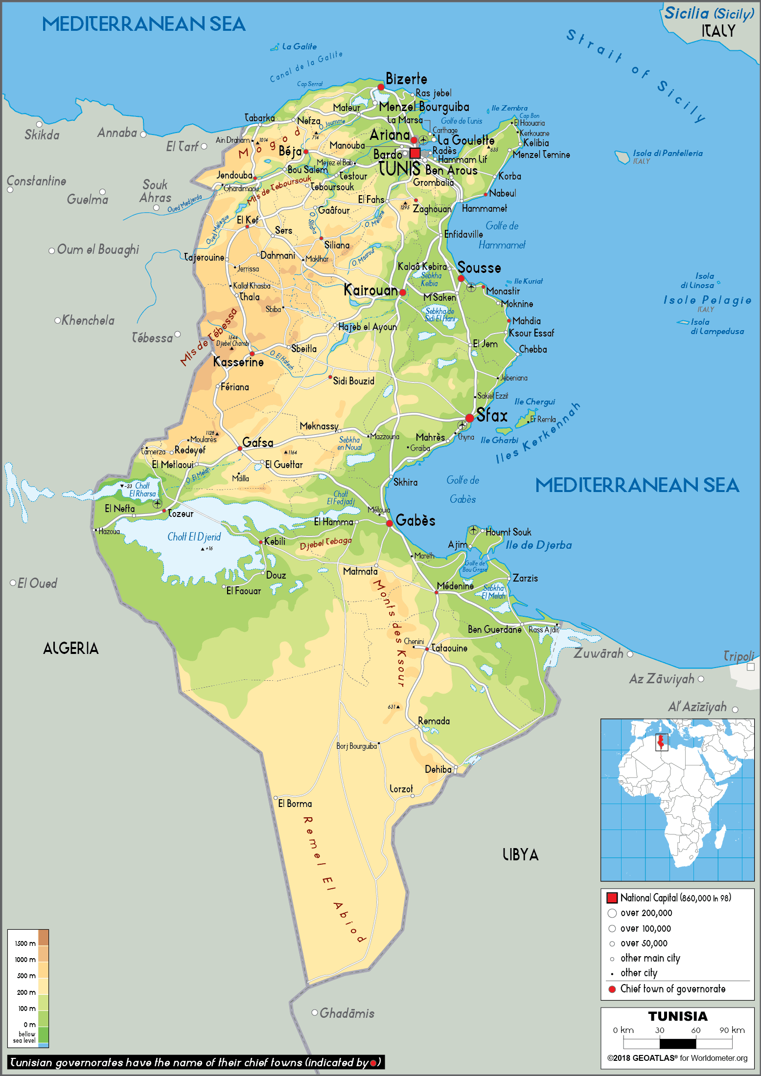 Tunisia Map (Physical) - Worldometer