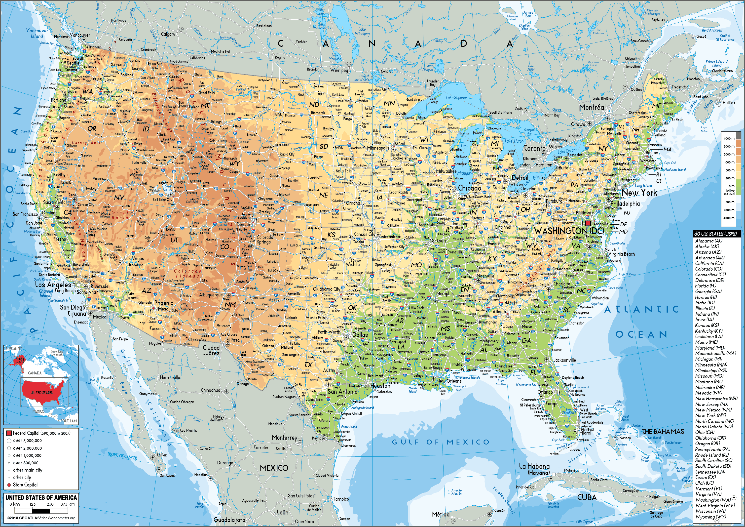 United States Map Physical Worldometer