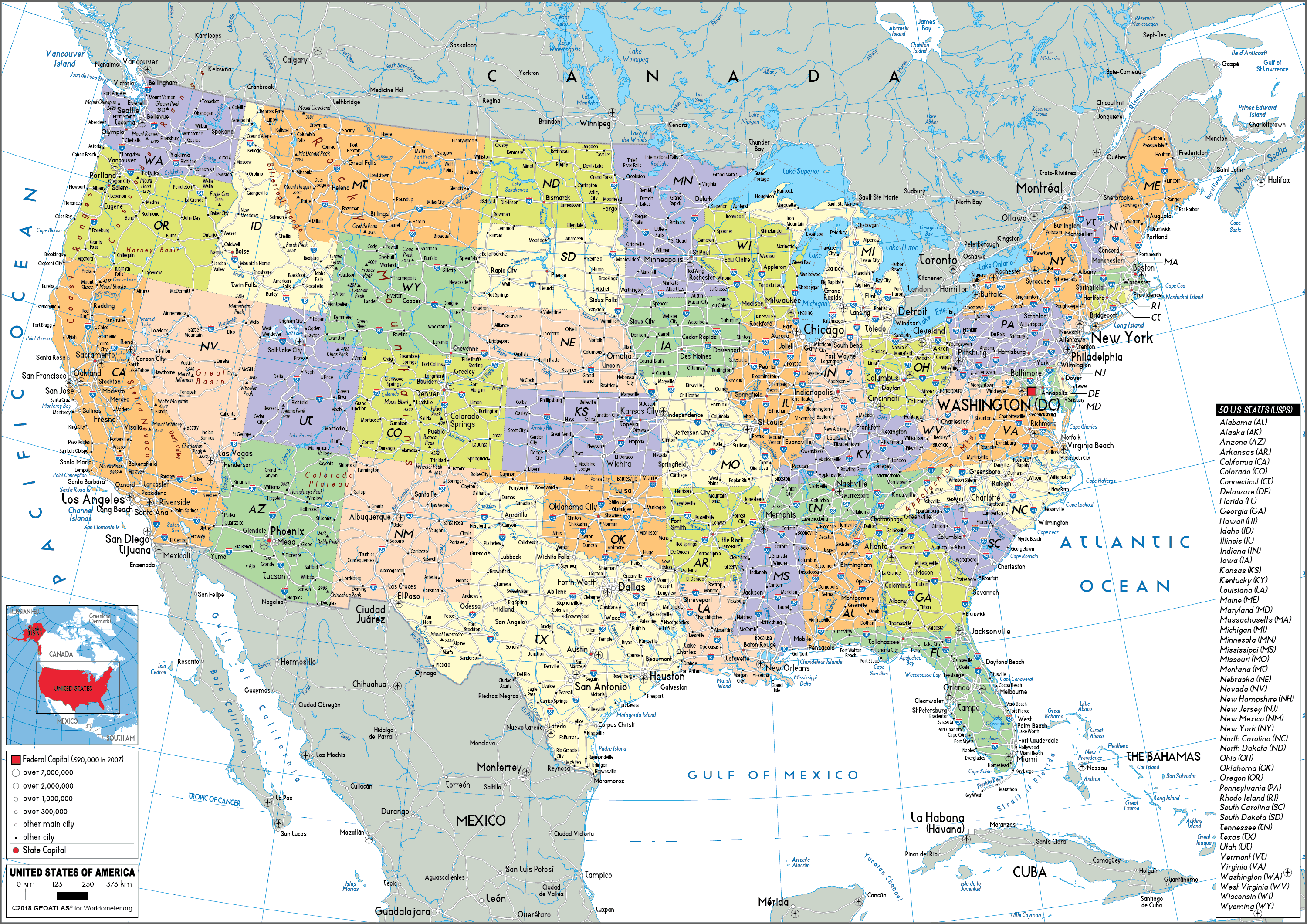 Large Detailed Political Map Of The United States The Usa
