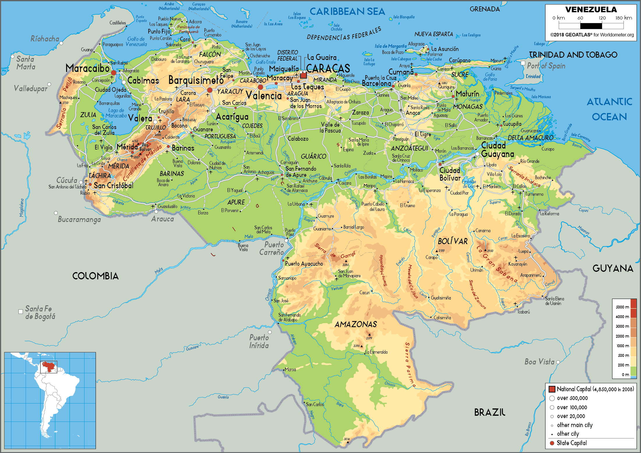 Venezuela Map Physical Worldometer