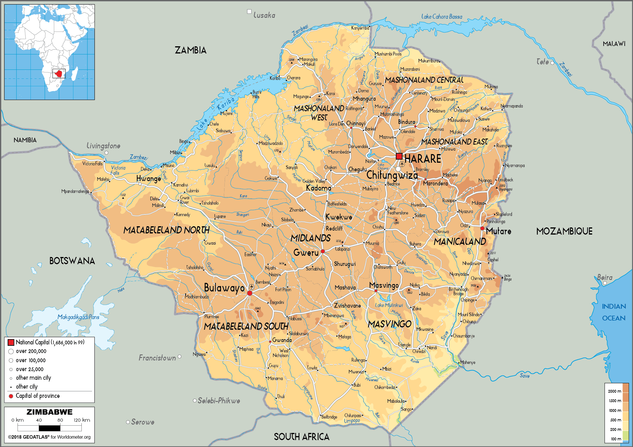 Zimbabwe Map Physical Worldometer